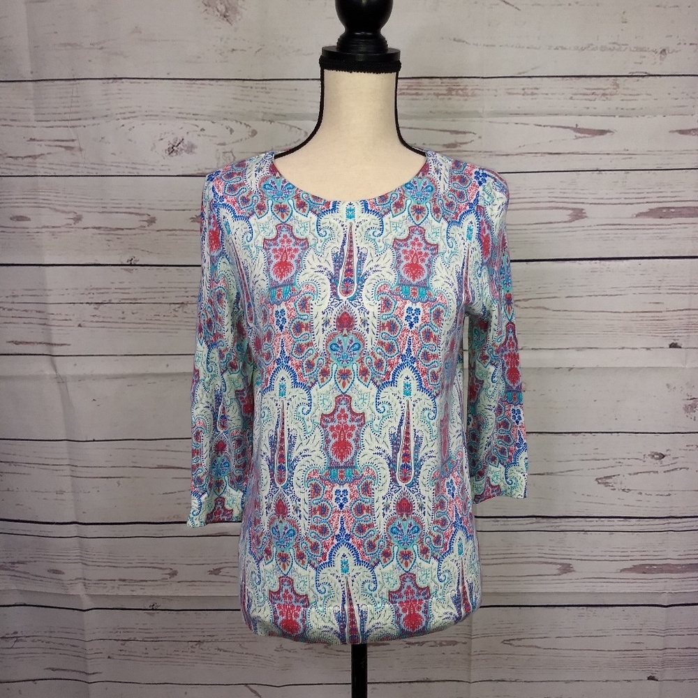 Talbots Blue Print Pullover 3/4 Sleeve Sweater